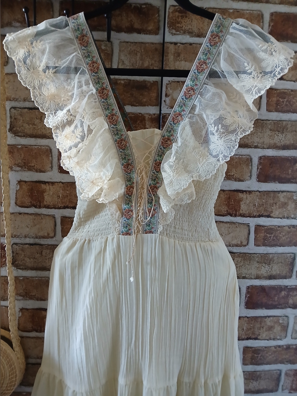 Vintage VICKY VAUGHN Prairie BOHO Cream LACE Summer MAXI Romantic DRESS XS S - Picture 4 of 14